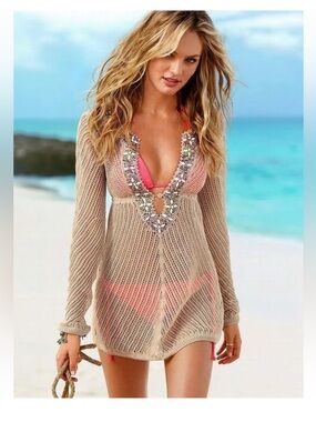 Victoria's Secret Taupe Open Knit Embellished Swim Coverup